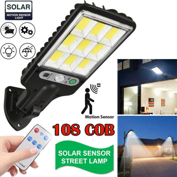 Lampa solara cu LED si senzor de miscare, telecomanda, plastic ABS, 11x26x12, 5cm, 108 COB, 1200mAh