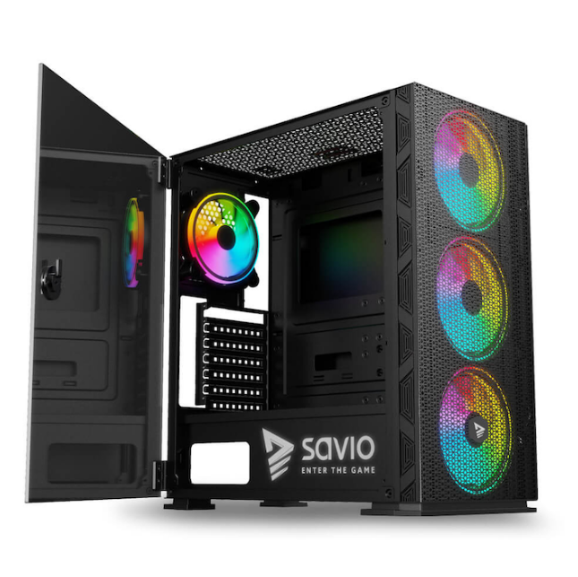 Carcasa Gaming, SAVIO Raptor X1, Mesh / Tempered Glass, ARGB, Mid-Tower, fara sursa, ATX, Black