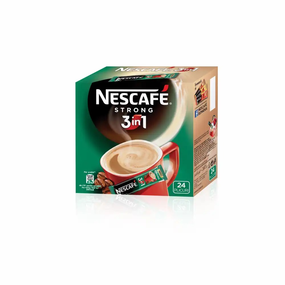 Cafea solubila 3 in 1 Nescafe Strong, 24 plicuri - Puternica si intensa, pregatita rapid