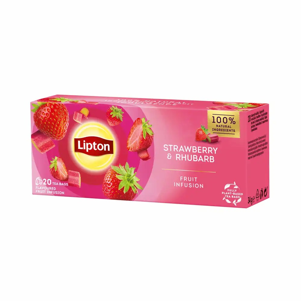 Ceai negru Lipton Capsuni si Rubarba, 20 plicuri - Arome naturale, preparare simpla, 20 plicuri/cutie