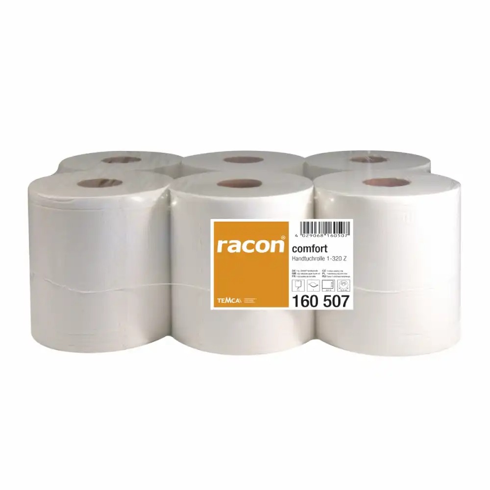 Set 6 role prosop Racon, derulare centrala, alb, 20 cm x 320 m, hartie igienica efficienta