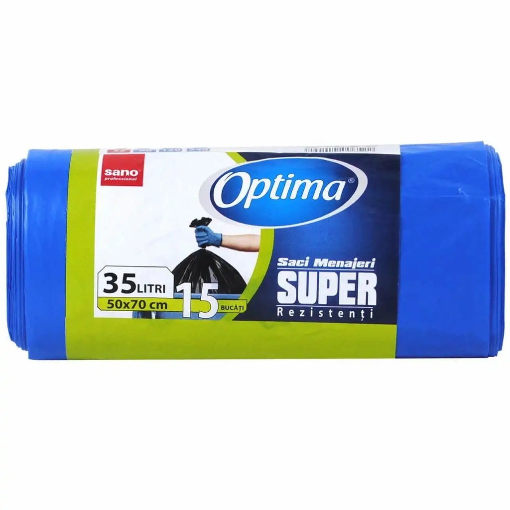 Saci menajeri LDPE albastri Sano Optima, 35 L, rezistenti si flexibili, economici, 15 saci/rola