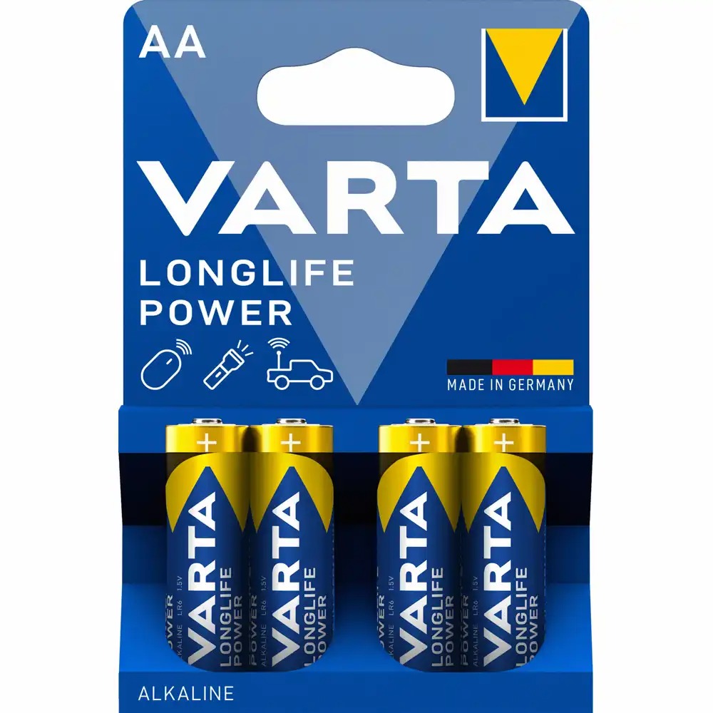 Baterii Varta Longlife Power LR6, AA, Alcaline, 1.5 V, 4 bucati/set, Tensiune Constanta, Durabilitate Indelungata