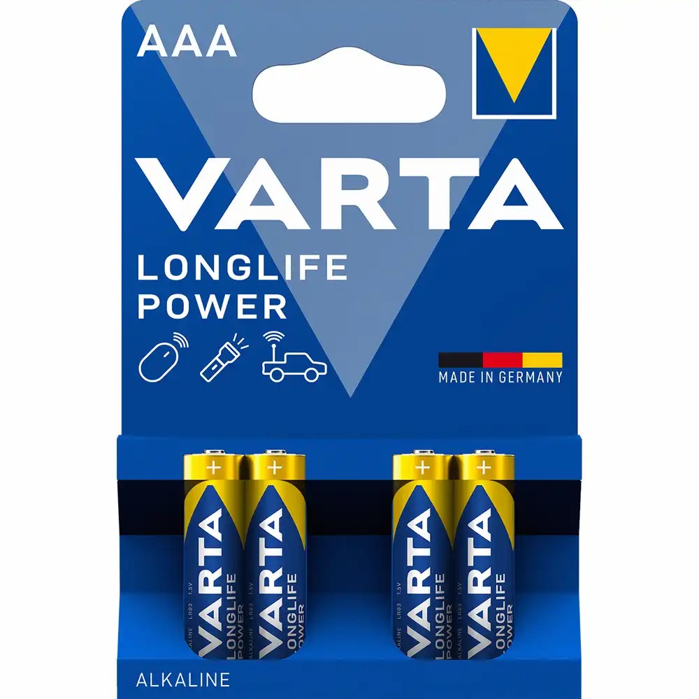 Baterii Varta Longlife Power LR03, AAA, 1.5V, 4 bucati, Alcaline, Durabile, Potrivite pentru Dispozitive cu Consum Mare de Energie