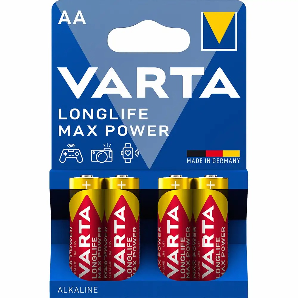 Baterii Varta Longlife Max Power LR6, AA, Alcaline, 1.5V, 4 Buc/Set, Durabile si Fiabile