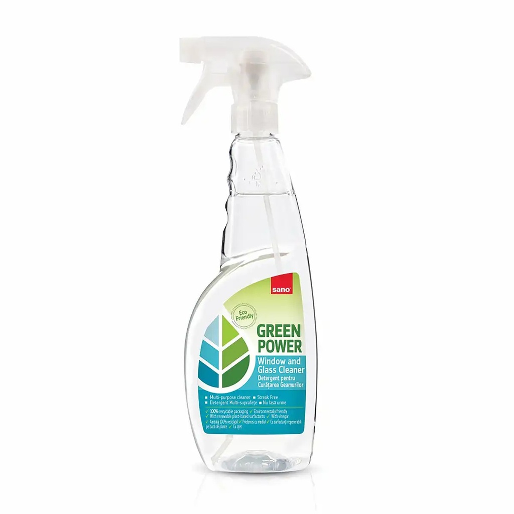 Detergent geamuri Sano Green Power, 0.75 l, Curatare Usoara, Certificare Green Label, Surfactanti Regenerabili, Ambalaj Reciclabil