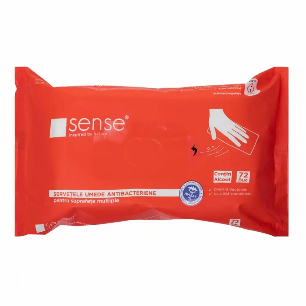 Servetele umede dezinfectante Sense, 72 buc, actiune rapida antibacteriana conform EN1500:2013