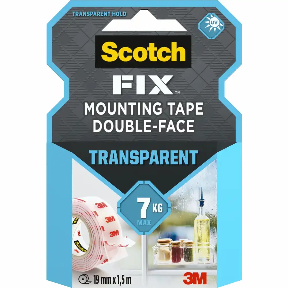 Banda dublu adeziva transparenta Scotch, 1.5 m x 19 mm, rezistenta la UV, suporta 7 kg, tehnologie 3M