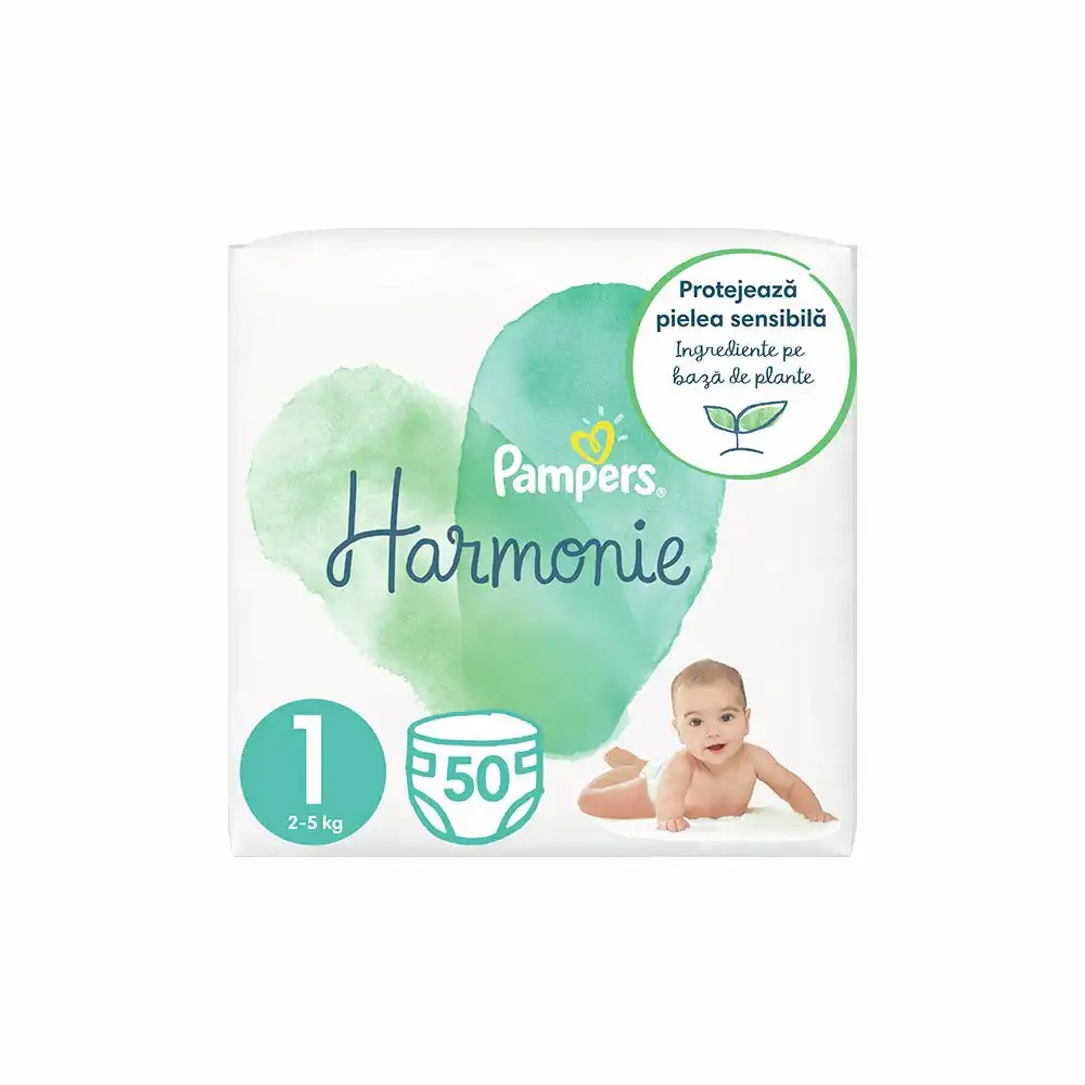 Scutece PAMPERS Harmonie nr 1, Unisex, 2-5 kg, 50 buc - Absorbtie 12 ore, Celuloza Responsabila, Bumbac Premium