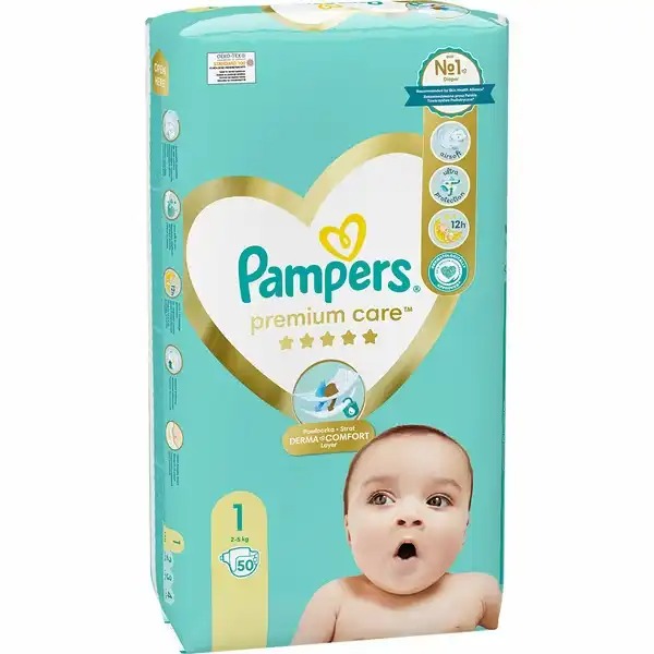 Scutece PAMPERS Premium Care nr 1, Unisex, 2-5kg, 50 buc - Confort si Protectie Superioara, Absorbtie 12 Ore, Indicator Umezeala